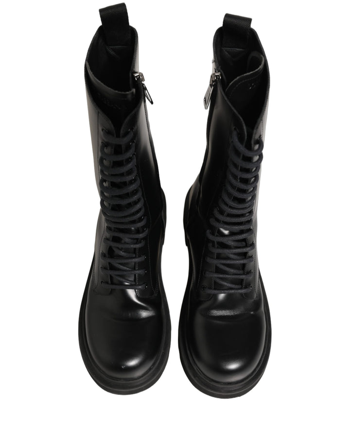Dolce &amp; Gabbana Black Leather Lace Up Men Combat Boots Shoes