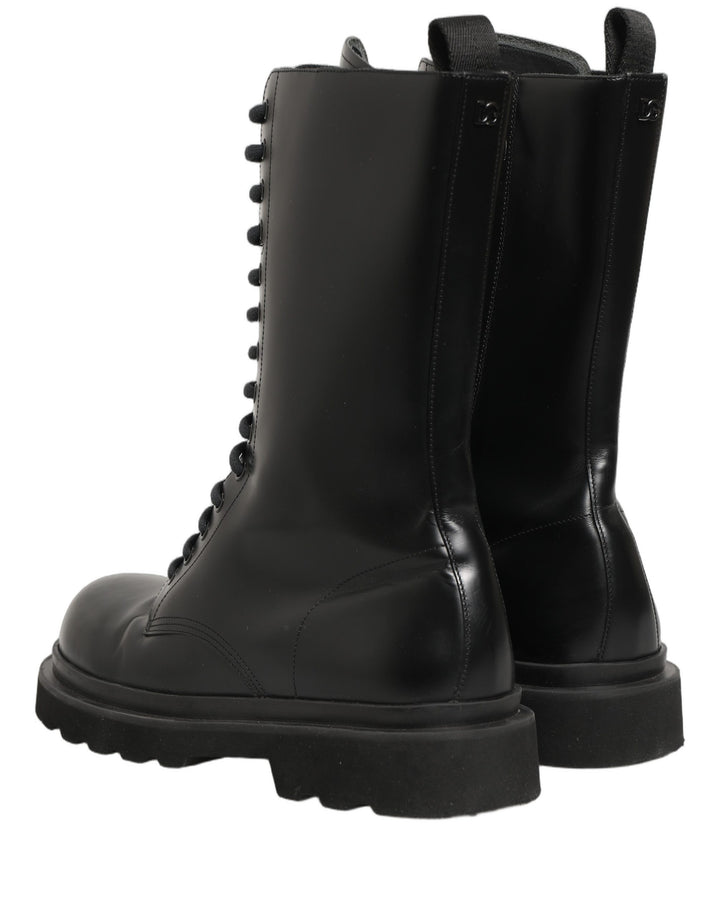 Dolce &amp; Gabbana Black Leather Lace Up Men Combat Boots Shoes