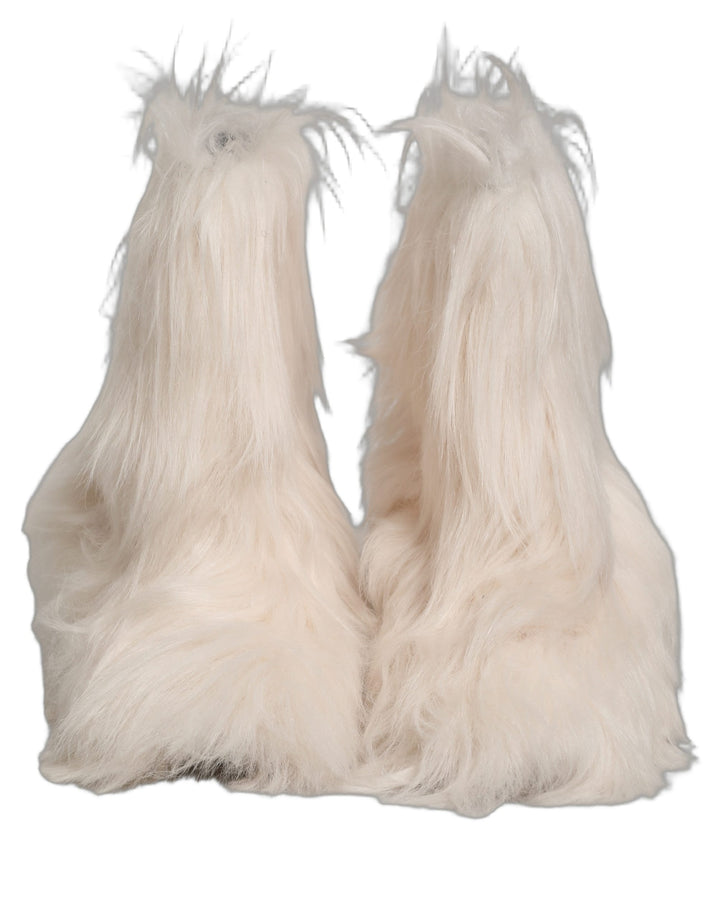Dolce &amp; Gabbana White Faux Fur Mid Calf Men Boots Shoes