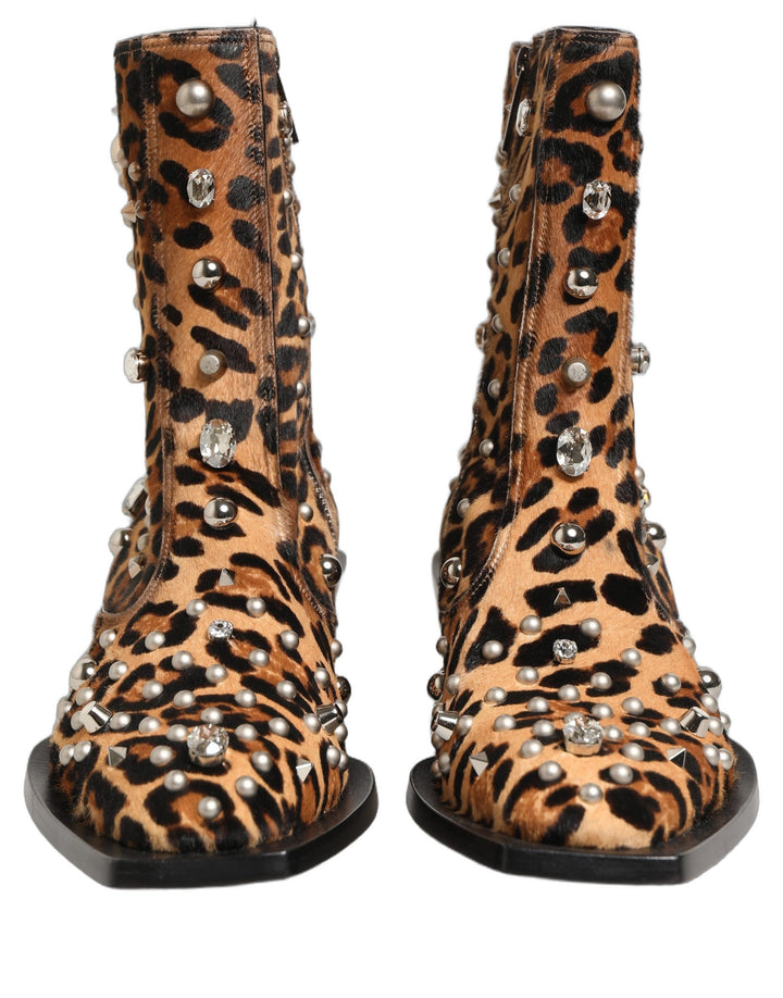 Dolce &amp; Gabbana Brown Leopard Embellished Mid Calf Men Boots Shoes