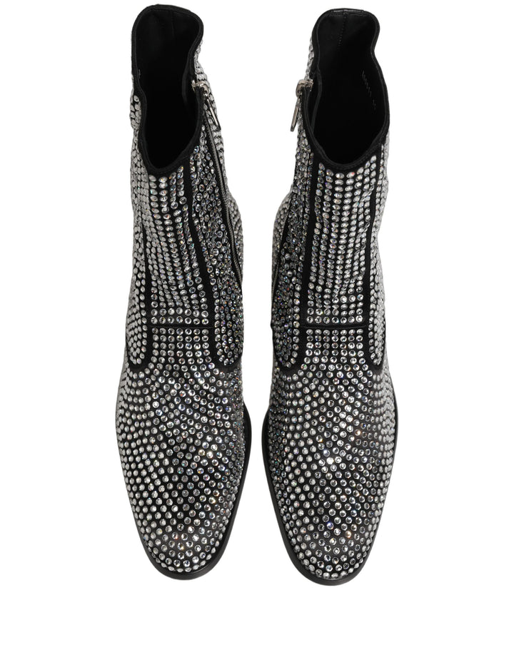 Dolce &amp; Gabbana Black Crystal Embellished Ankle Boots Shoes