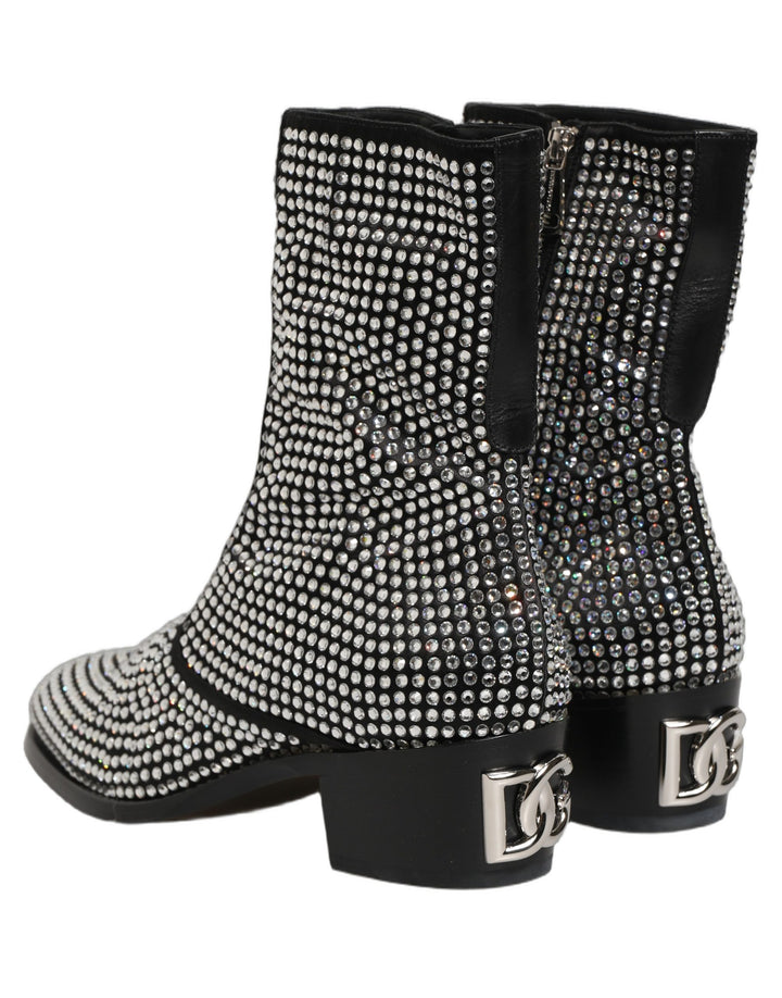 Dolce &amp; Gabbana Black Crystal Embellished Ankle Boots Shoes