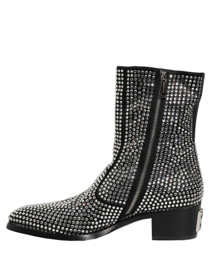 Dolce &amp; Gabbana Black Crystal Embellished Ankle Boots Shoes