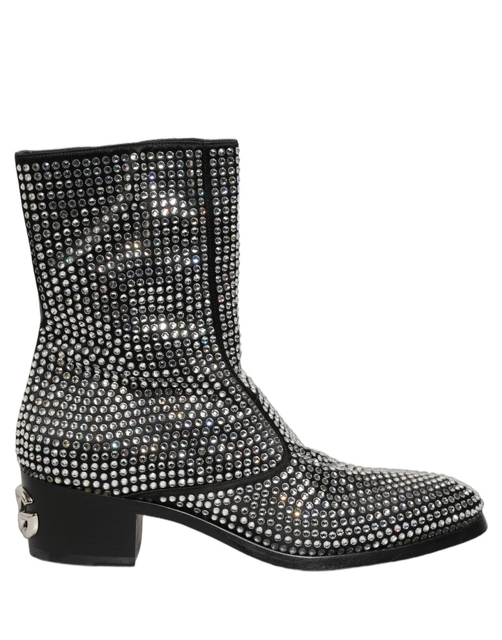 Dolce &amp; Gabbana Black Crystal Embellished Ankle Boots Shoes
