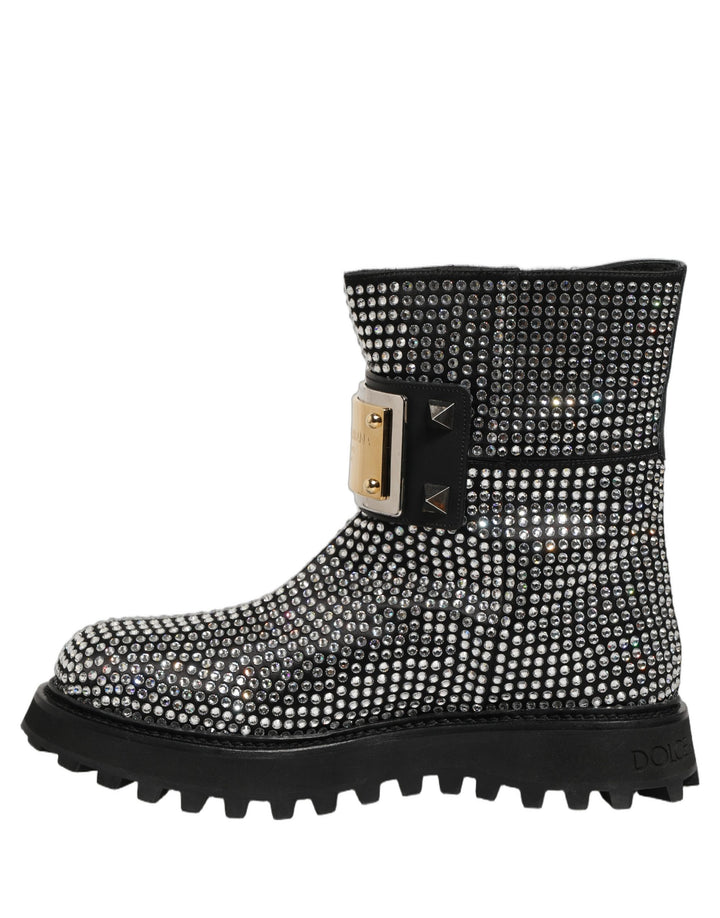 Dolce &amp; Gabbana Black Crystal Embellished Short Boots Shoes