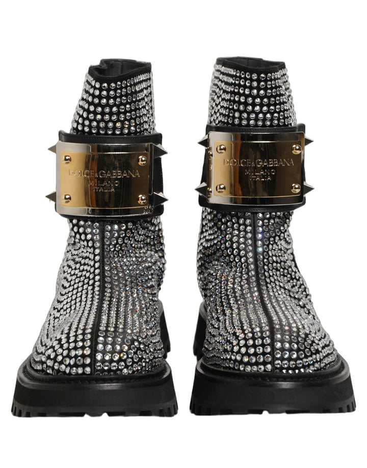 Dolce &amp; Gabbana Black Crystal Embellished Short Boots Shoes