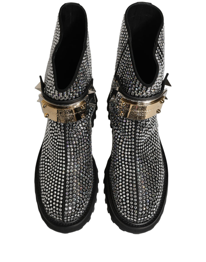 Dolce &amp; Gabbana Black Crystal Embellished Short Boots Shoes