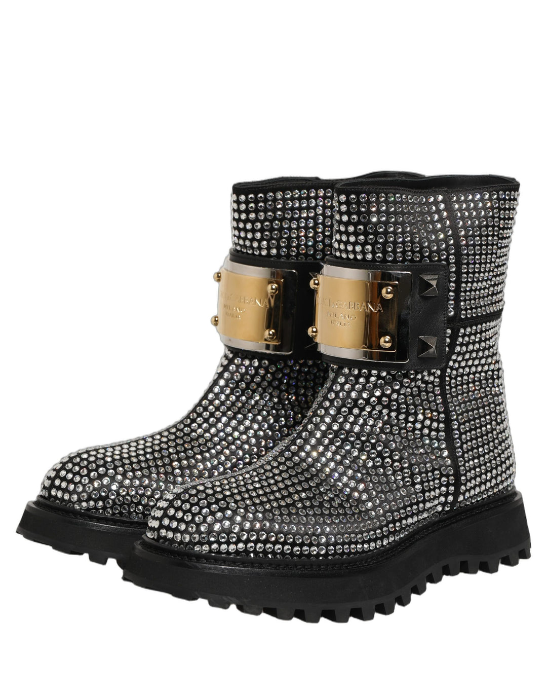 Dolce &amp; Gabbana Black Crystal Embellished Short Boots Shoes