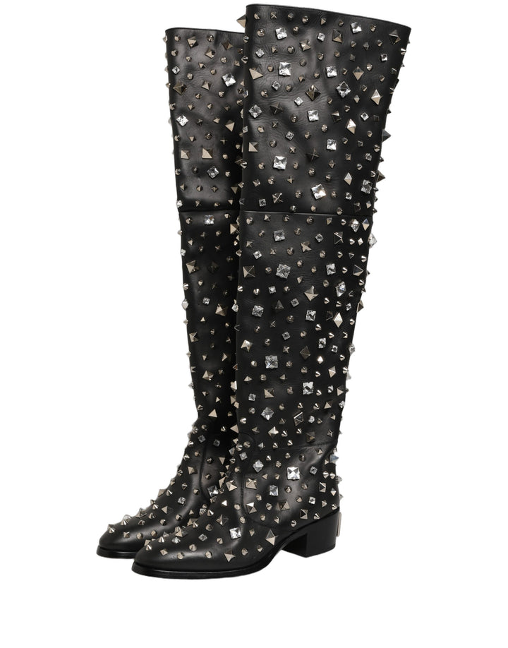 Dolce &amp; Gabbana Black Crystal Embellished High Boots Shoes