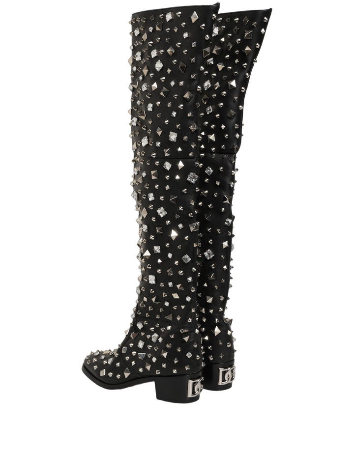 Dolce &amp; Gabbana Black Crystal Embellished High Boots Shoes
