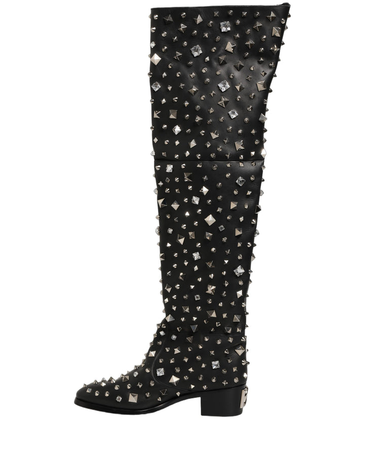 Dolce &amp; Gabbana Black Crystal Embellished High Boots Shoes