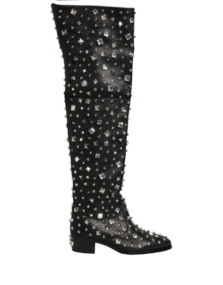 Dolce &amp; Gabbana Black Crystal Embellished High Boots Shoes