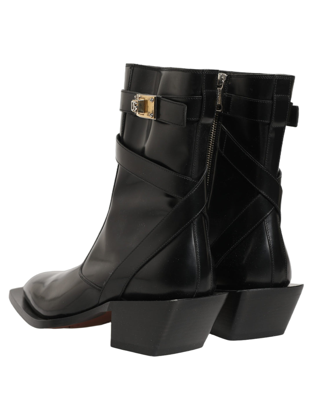 Dolce &amp; Gabbana Black Leather DG Plaque Mid Calf Boots Shoes