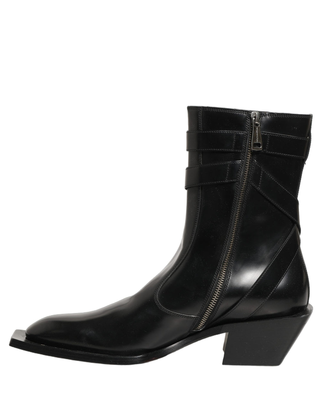 Dolce &amp; Gabbana Black Leather DG Plaque Mid Calf Boots Shoes