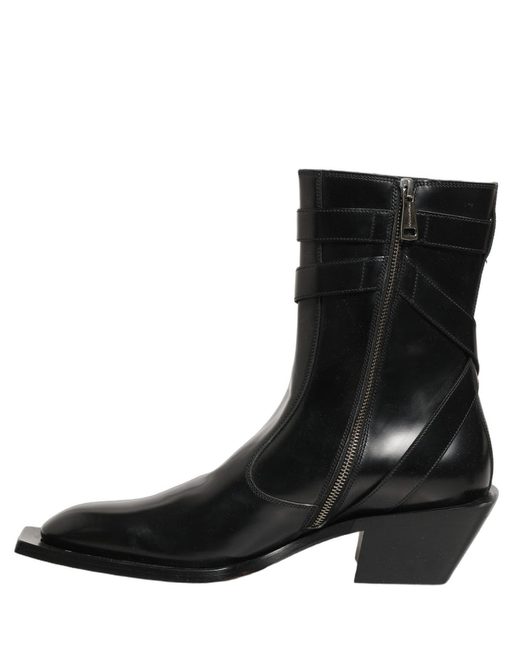 Dolce &amp; Gabbana Black Leather DG Plaque Mid Calf Boots Shoes