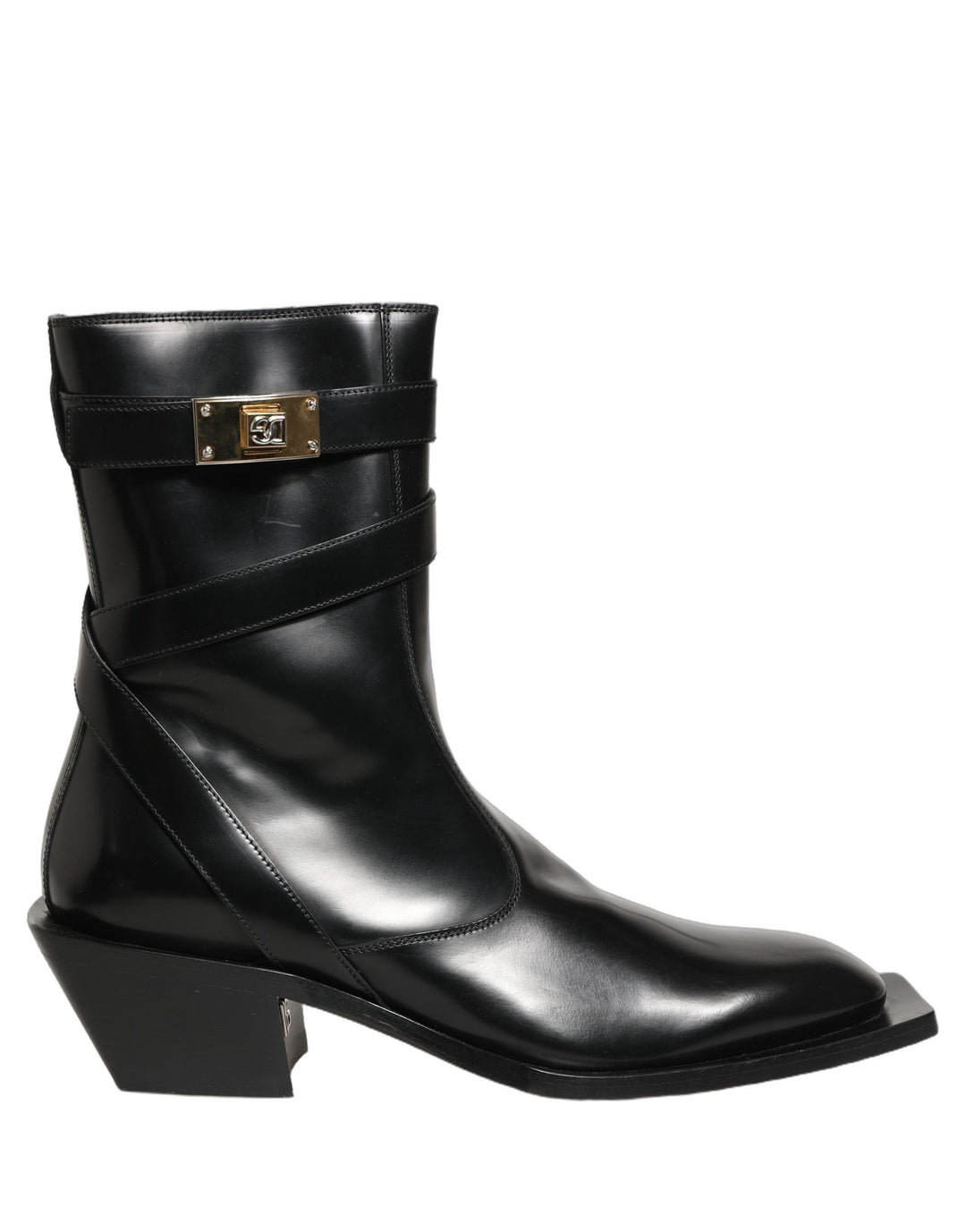 Dolce &amp; Gabbana Black Leather DG Plaque Mid Calf Boots Shoes