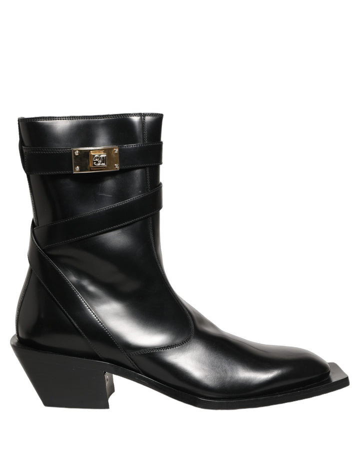 Dolce &amp; Gabbana Black Leather DG Plaque Mid Calf Boots Shoes