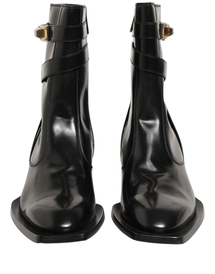 Dolce &amp; Gabbana Black Leather DG Plaque Mid Calf Boots Shoes