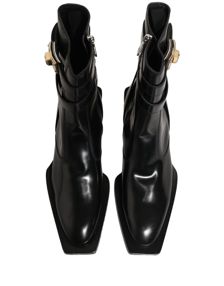 Dolce &amp; Gabbana Black Leather DG Plaque Mid Calf Boots Shoes