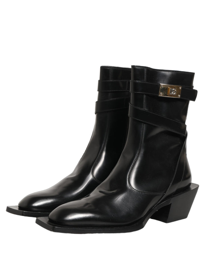 Dolce &amp; Gabbana Black Leather DG Plaque Mid Calf Boots Shoes