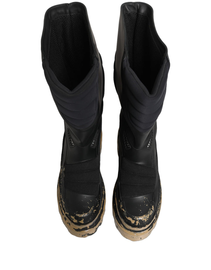 Dolce &amp; Gabbana Black Leather Biker Mid Calf Men Boots Shoes