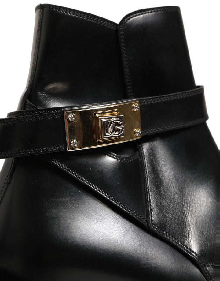Dolce &amp; Gabbana Black Leather DG Plaque Ankle Boots Shoes