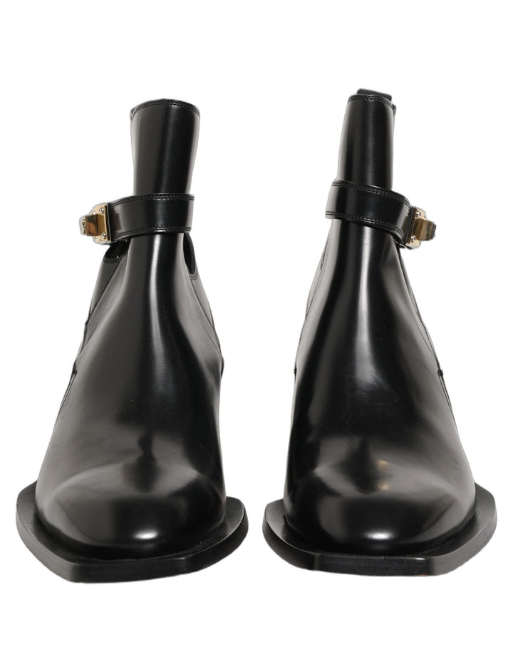 Dolce &amp; Gabbana Black Leather DG Plaque Ankle Boots Shoes