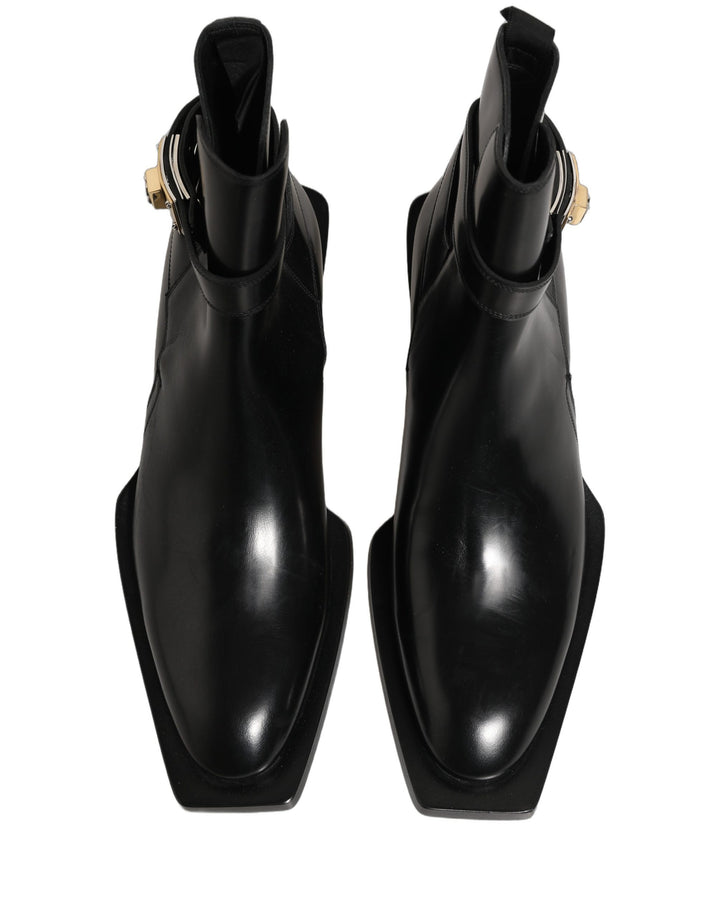 Dolce &amp; Gabbana Black Leather DG Plaque Ankle Boots Shoes