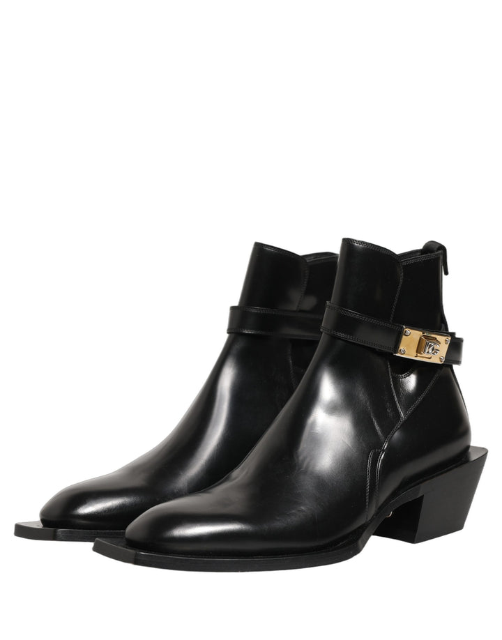 Dolce &amp; Gabbana Black Leather DG Plaque Ankle Boots Shoes