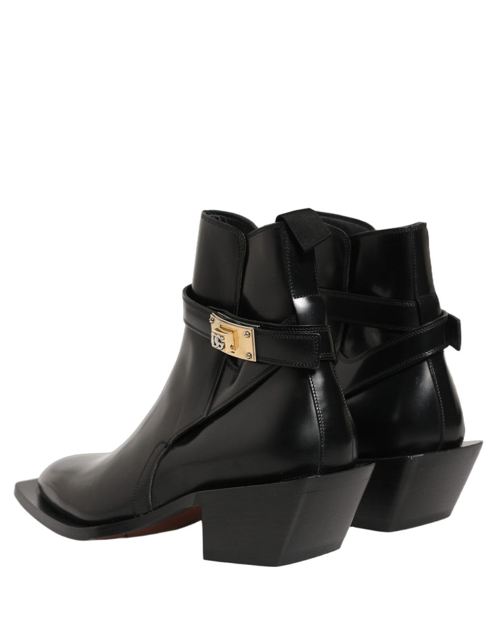 Dolce &amp; Gabbana Black Leather DG Plaque Ankle Boots Shoes