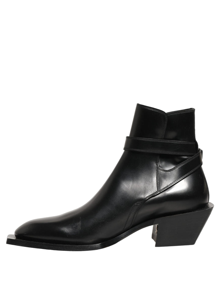 Dolce &amp; Gabbana Black Leather DG Plaque Ankle Boots Shoes