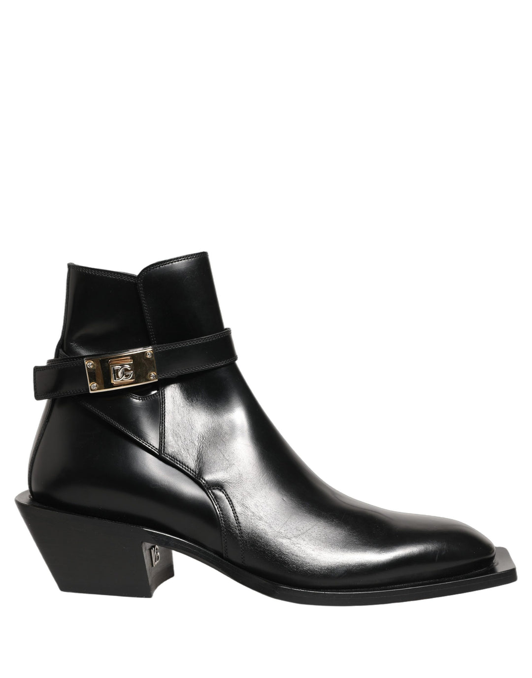 Dolce &amp; Gabbana Black Leather DG Plaque Ankle Boots Shoes