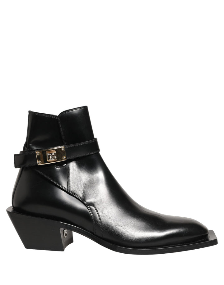 Dolce &amp; Gabbana Black Leather DG Plaque Ankle Boots Shoes