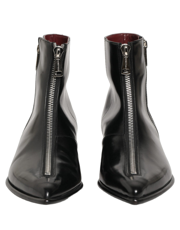 Dolce &amp; Gabbana Black Leather Zipper Mid Calf Men Boots Shoes
