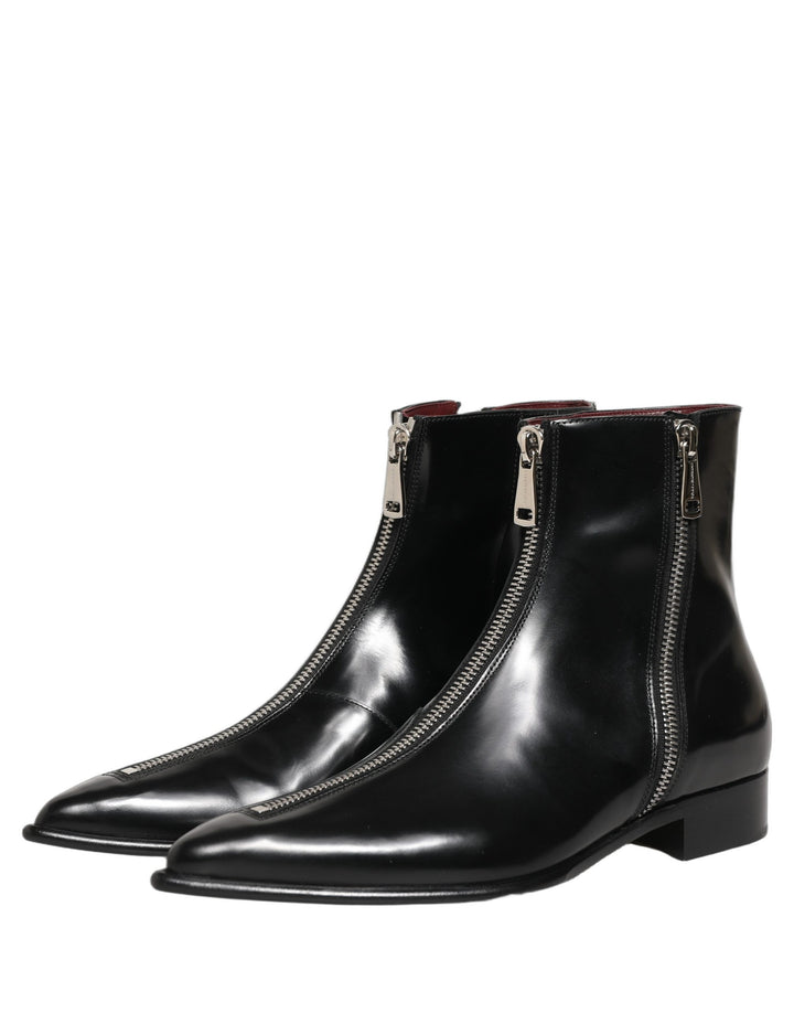 Dolce &amp; Gabbana Black Leather Zipper Mid Calf Men Boots Shoes