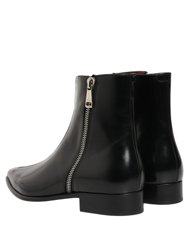 Dolce &amp; Gabbana Black Leather Zipper Mid Calf Men Boots Shoes