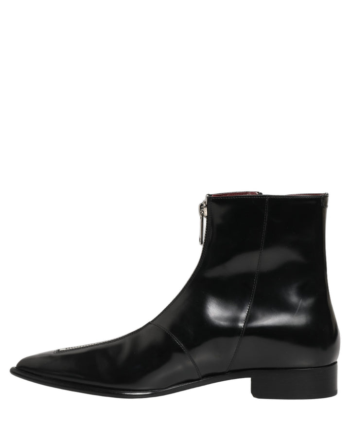 Dolce &amp; Gabbana Black Leather Zipper Mid Calf Men Boots Shoes