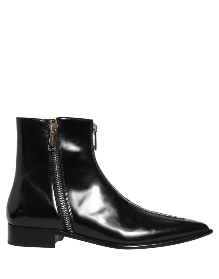 Dolce &amp; Gabbana Black Leather Zipper Mid Calf Men Boots Shoes