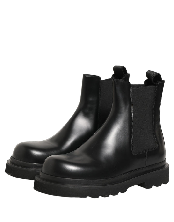 Dolce &amp; Gabbana Black Chelsea Boots Leather Slip On Men Shoes