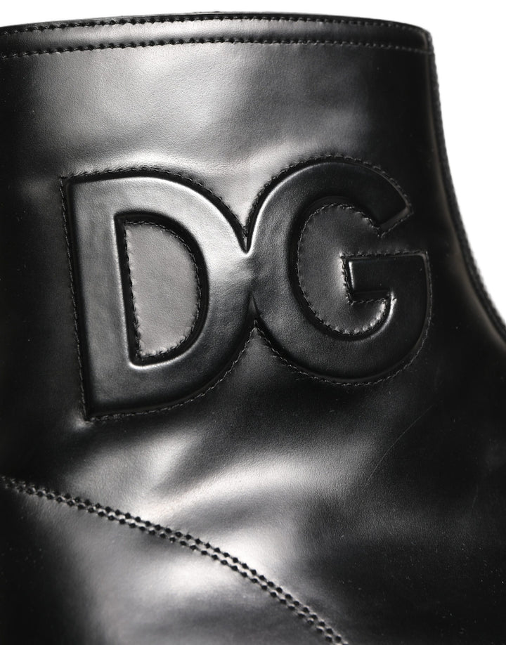 Dolce &amp; Gabbana Black Leather Embossed Logo Ankle Boots Shoes