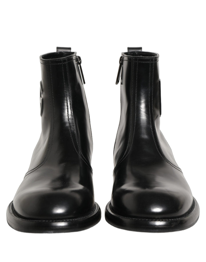 Dolce &amp; Gabbana Black Leather Embossed Logo Ankle Boots Shoes