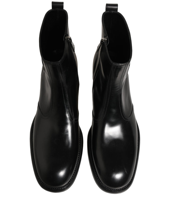 Dolce &amp; Gabbana Black Leather Embossed Logo Ankle Boots Shoes