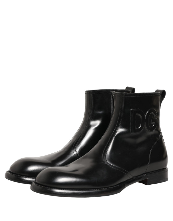 Dolce &amp; Gabbana Black Leather Embossed Logo Ankle Boots Shoes