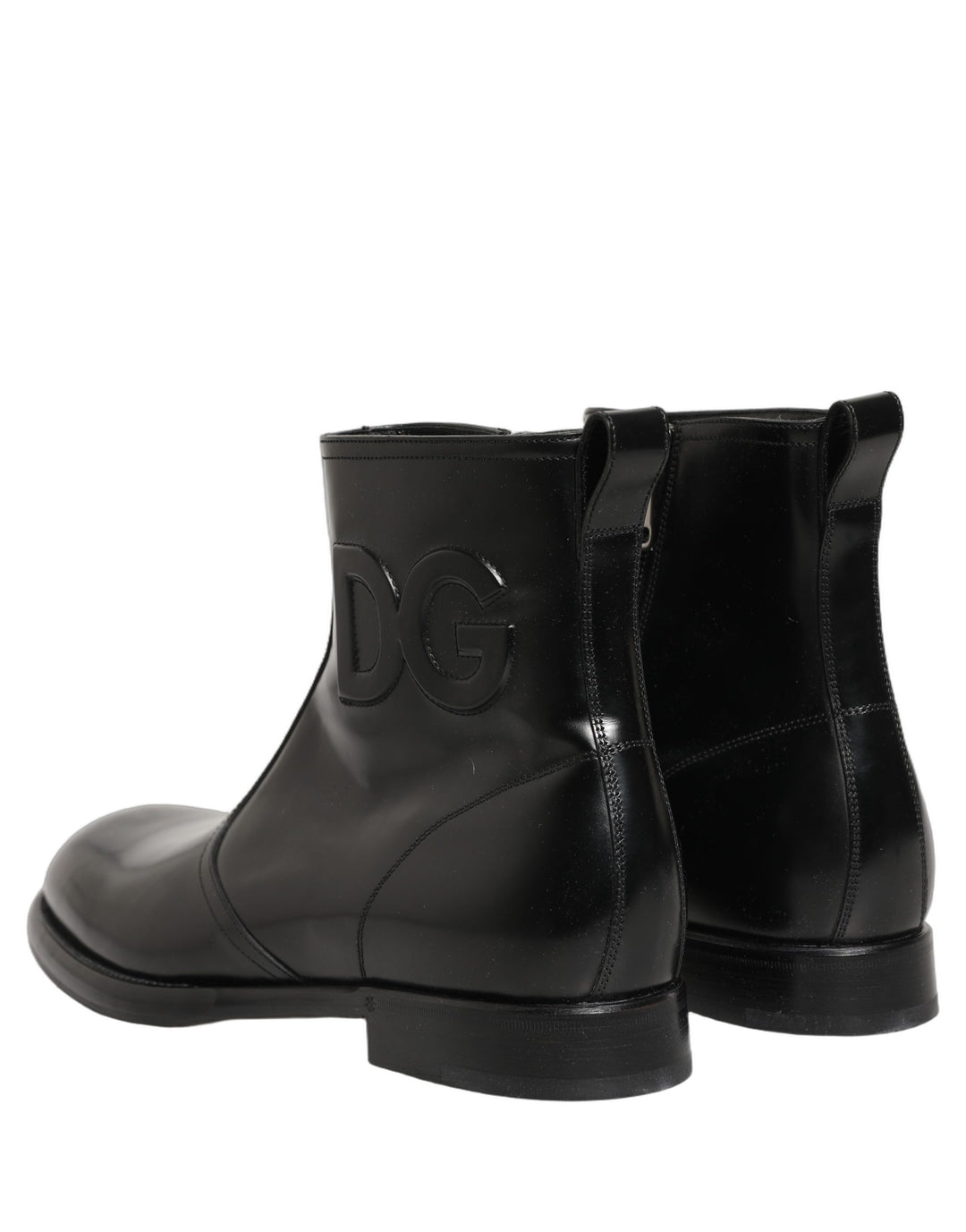 Dolce &amp; Gabbana Black Leather Embossed Logo Ankle Boots Shoes