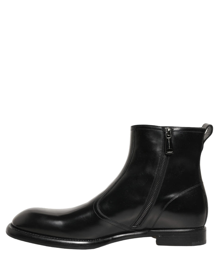 Dolce &amp; Gabbana Black Leather Embossed Logo Ankle Boots Shoes