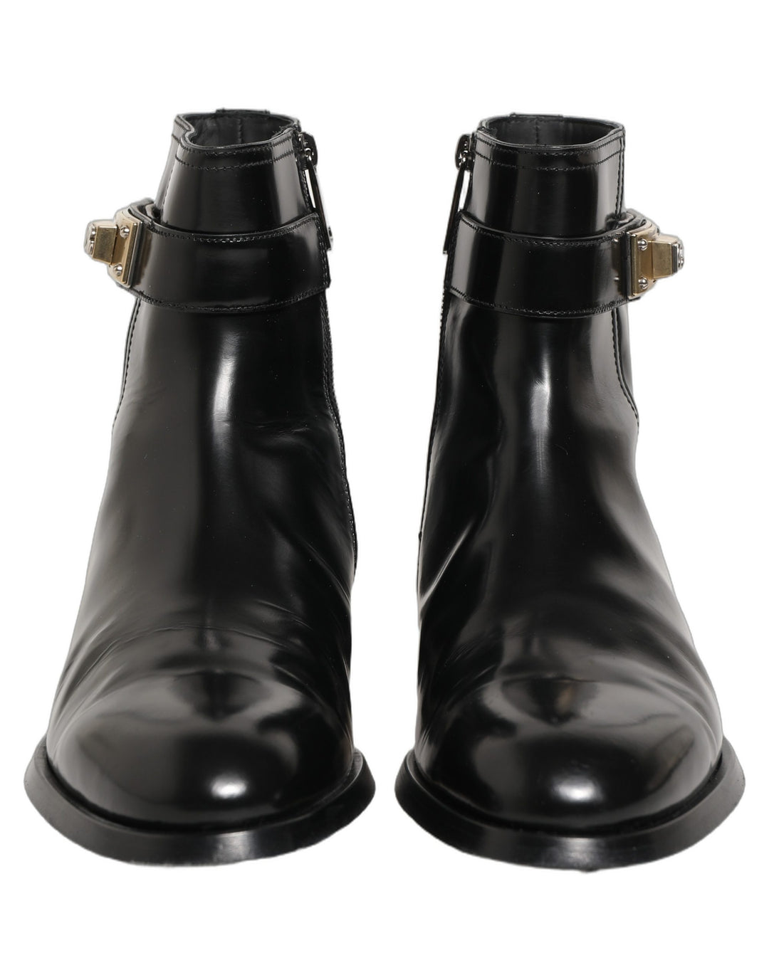 Dolce &amp; Gabbana Black Leather Logo Buckle Mid Calf Boots Shoes