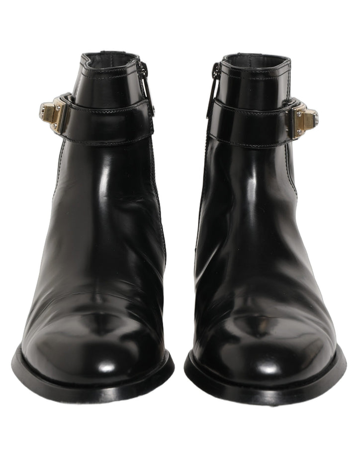 Dolce &amp; Gabbana Black Leather Logo Buckle Mid Calf Boots Shoes