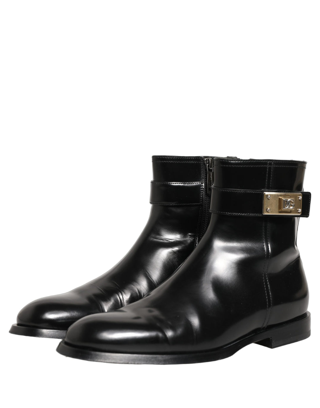 Dolce &amp; Gabbana Black Leather Logo Buckle Mid Calf Boots Shoes