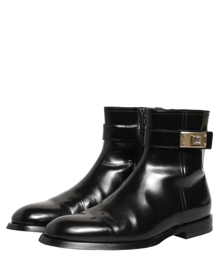 Dolce &amp; Gabbana Black Leather Logo Buckle Mid Calf Boots Shoes