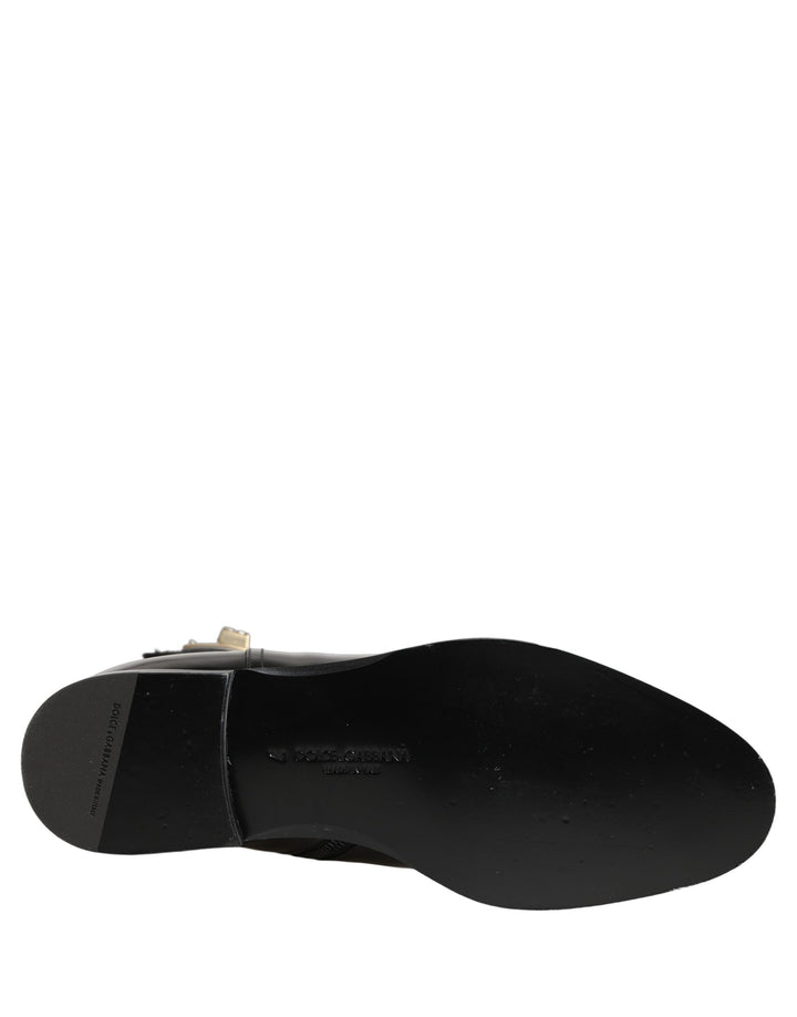 Dolce &amp; Gabbana Black Leather Logo Buckle Mid Calf Boots Shoes